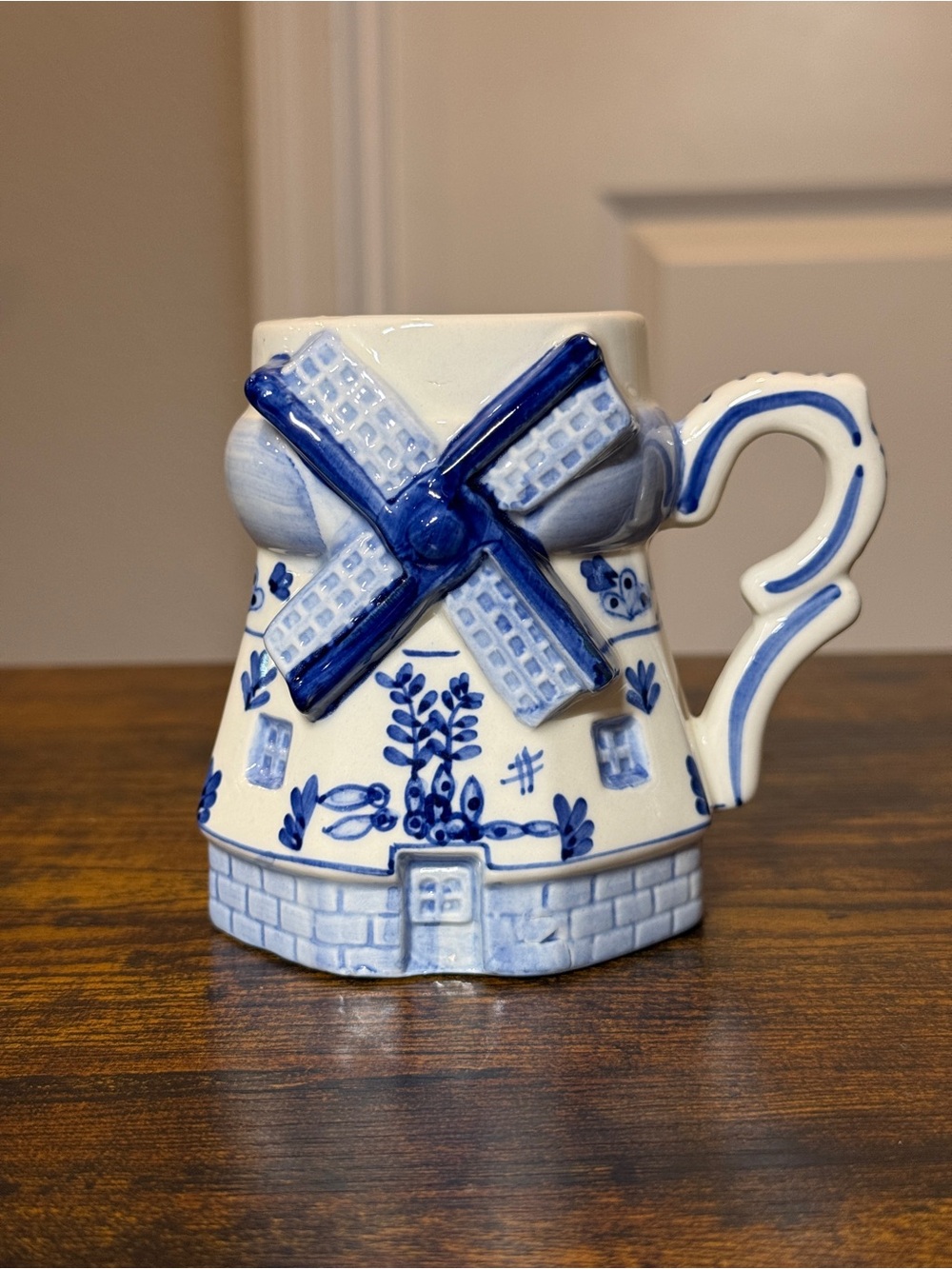 Vintage D.A.I.C. Delft Blue Windmill Mug Hand Painted 3D Dutch Ceramic